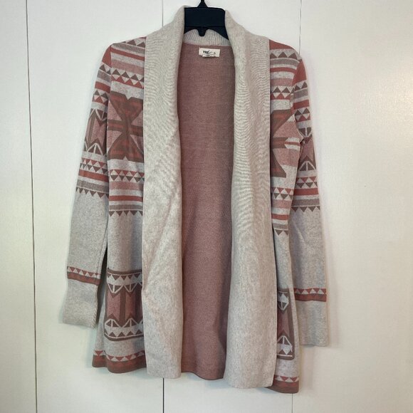 Tan Knit Cardigan Sweater, Geometric Patterns, Yes Lola, Size M - Picture 1 of 5